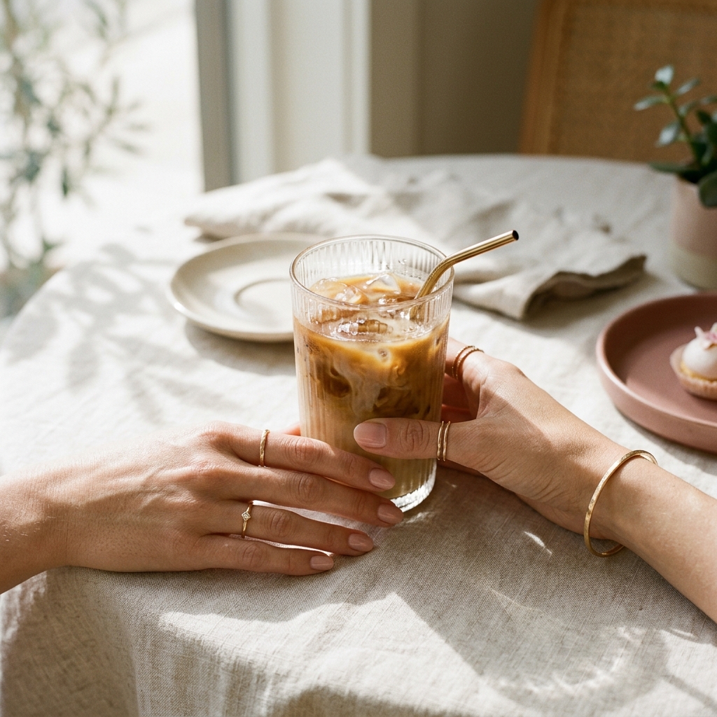 Delicate rings holding an iced coffee in soft morning sunlight