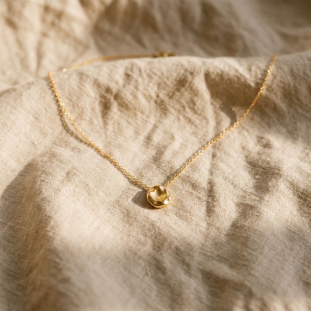 Delicate gold necklace lying on beige wrinkled linen fabric